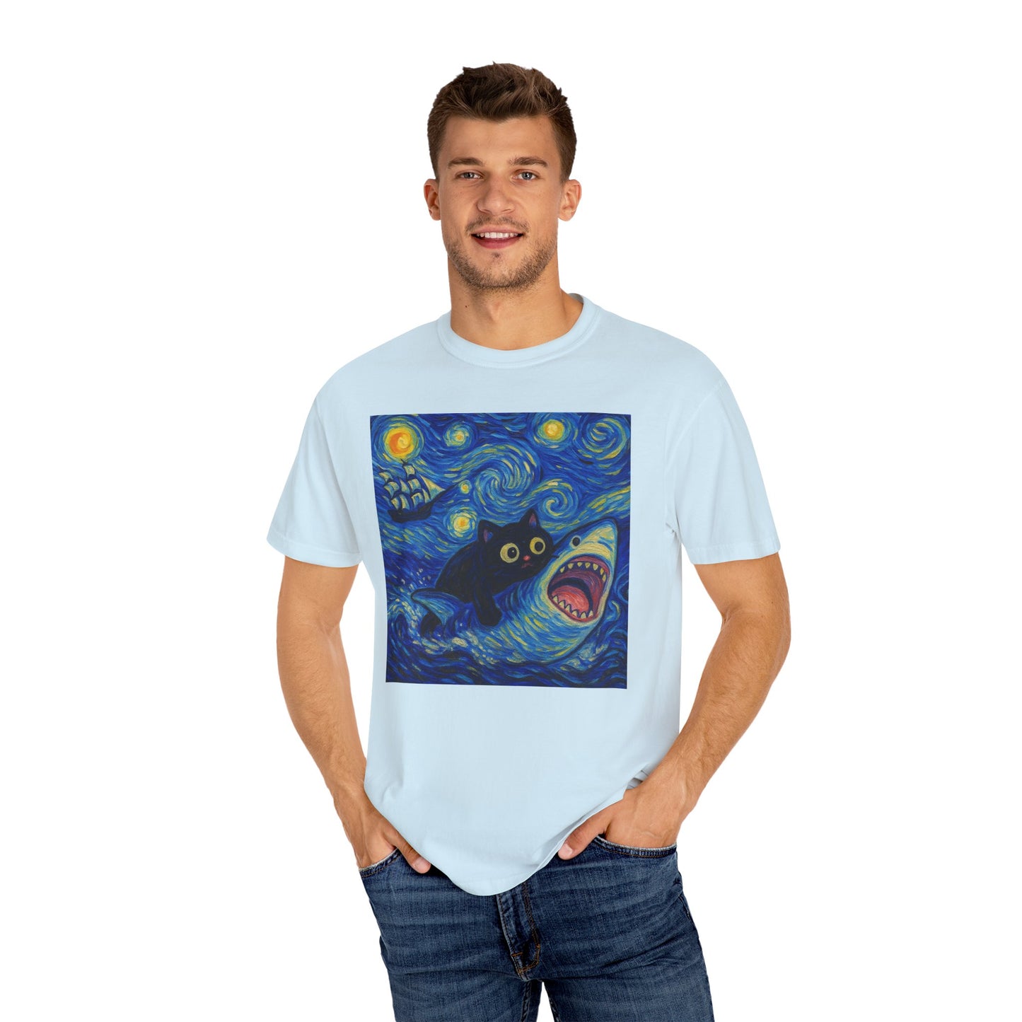Whimsical Cat & Shark T-shirt