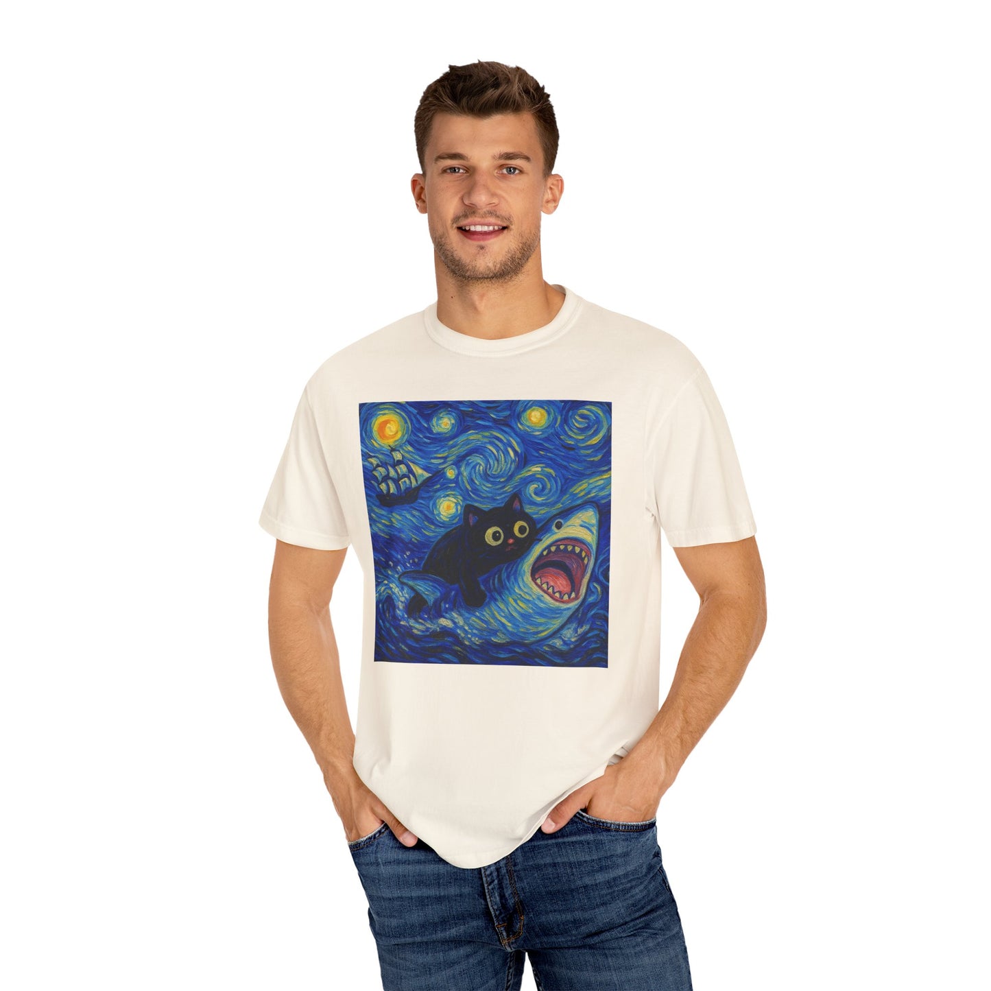 Whimsical Cat & Shark T-shirt