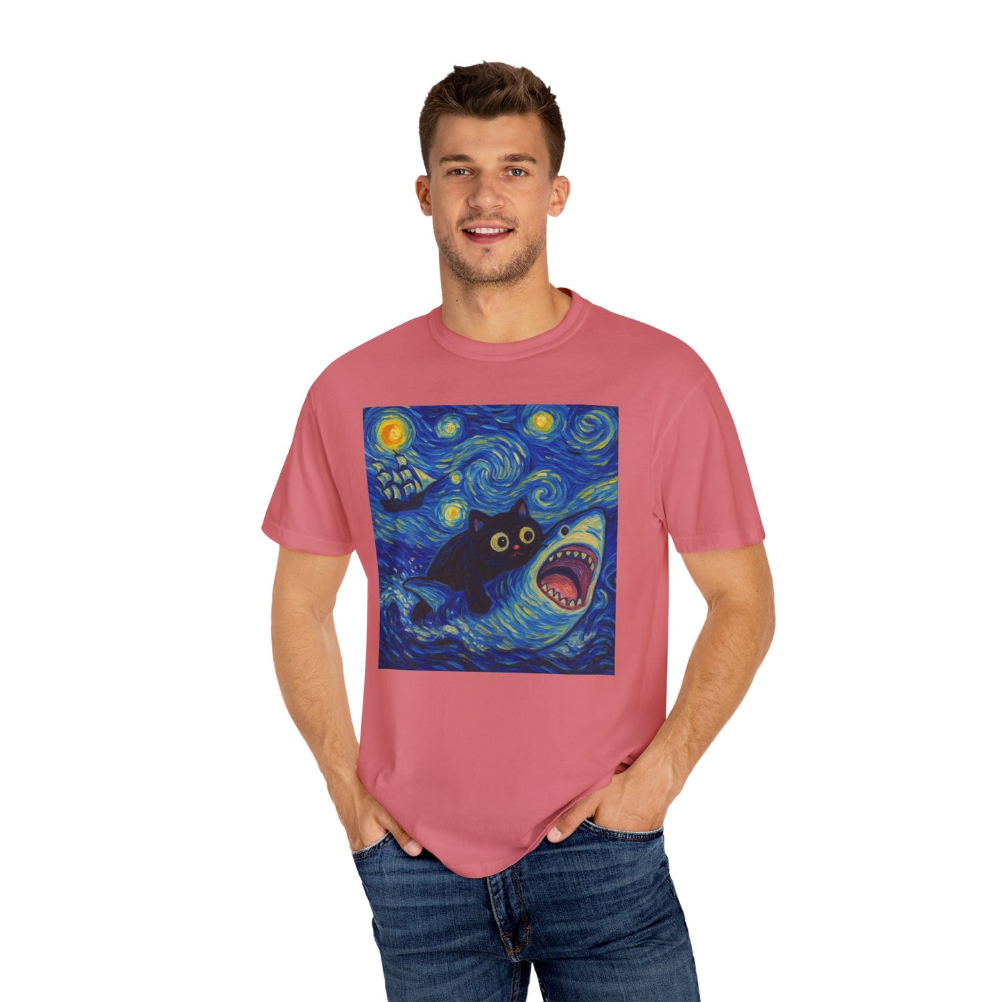 Whimsical Cat & Shark T-shirt