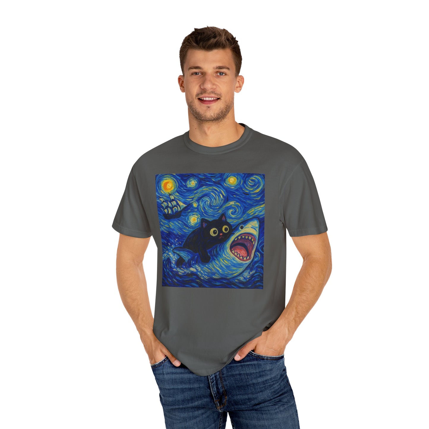 Whimsical Cat & Shark T-shirt