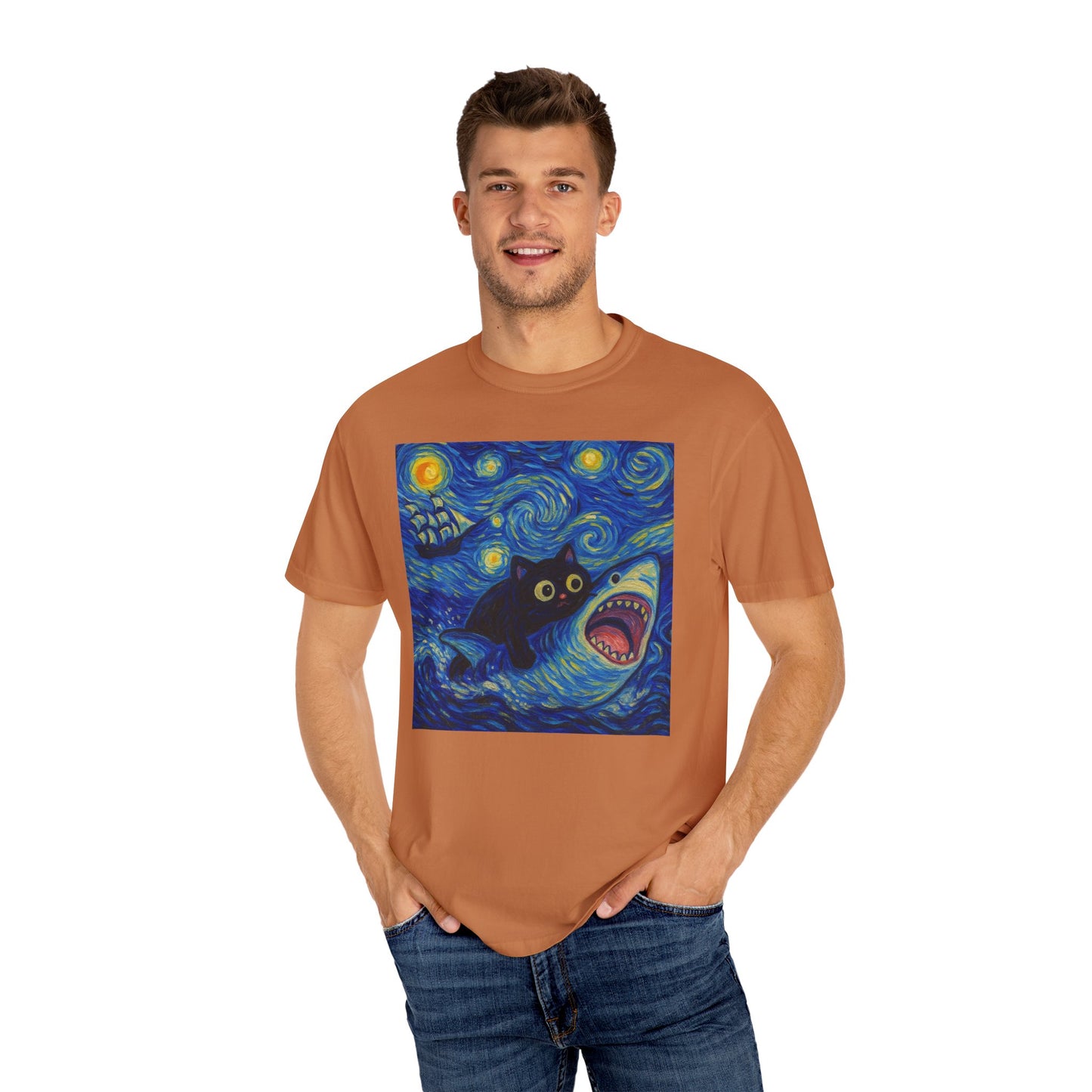 Whimsical Cat & Shark T-shirt