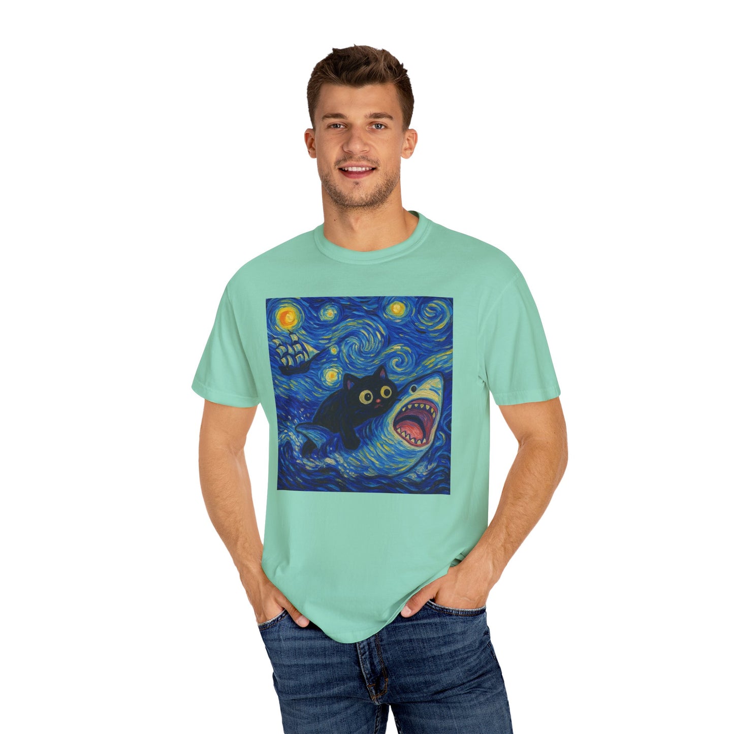 Whimsical Cat & Shark T-shirt