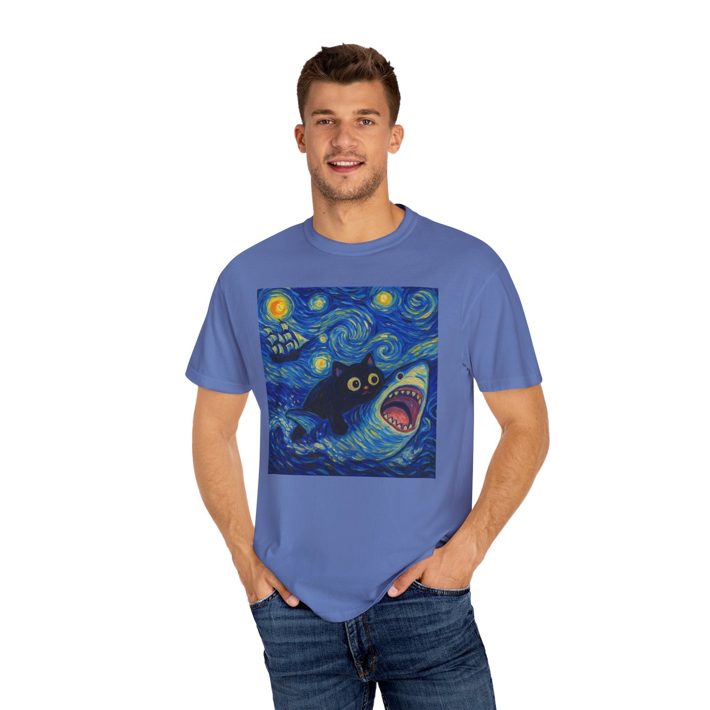 Whimsical Cat & Shark T-shirt
