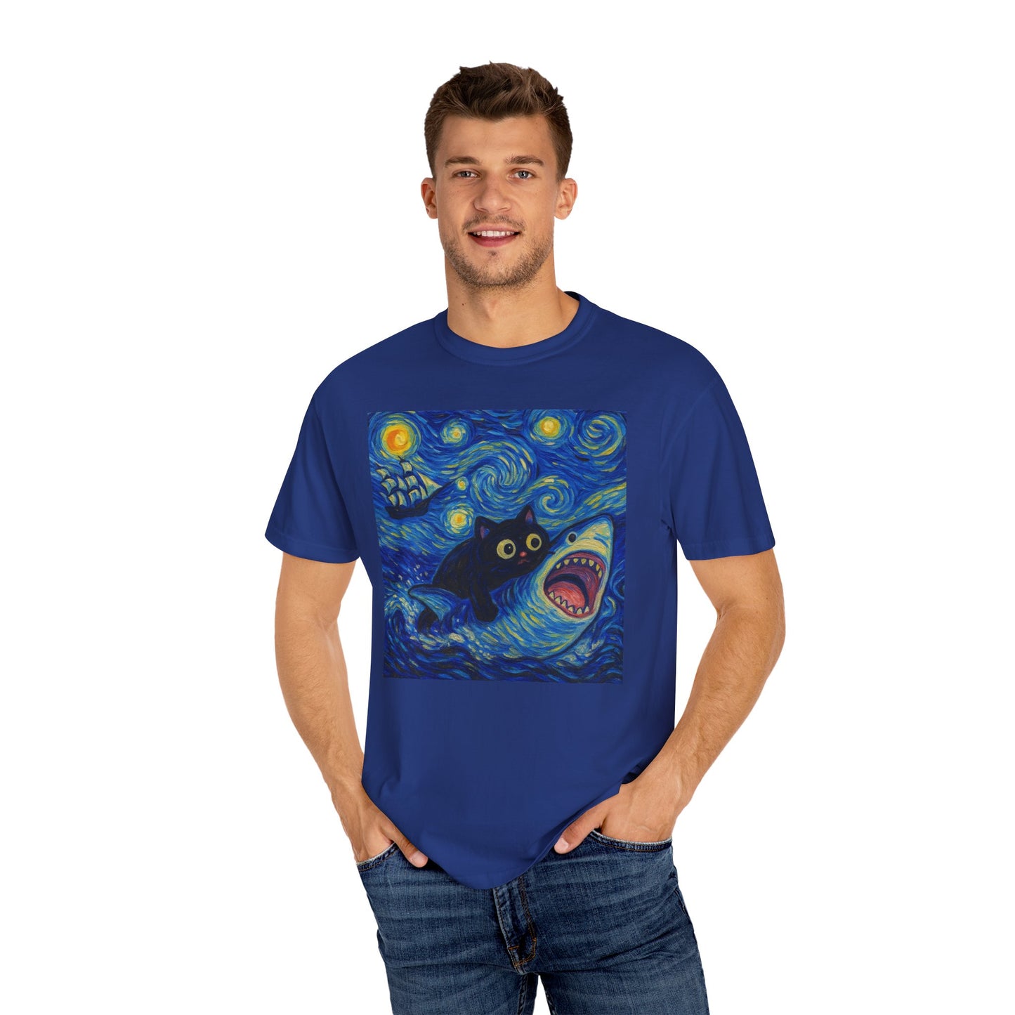 Whimsical Cat & Shark T-shirt