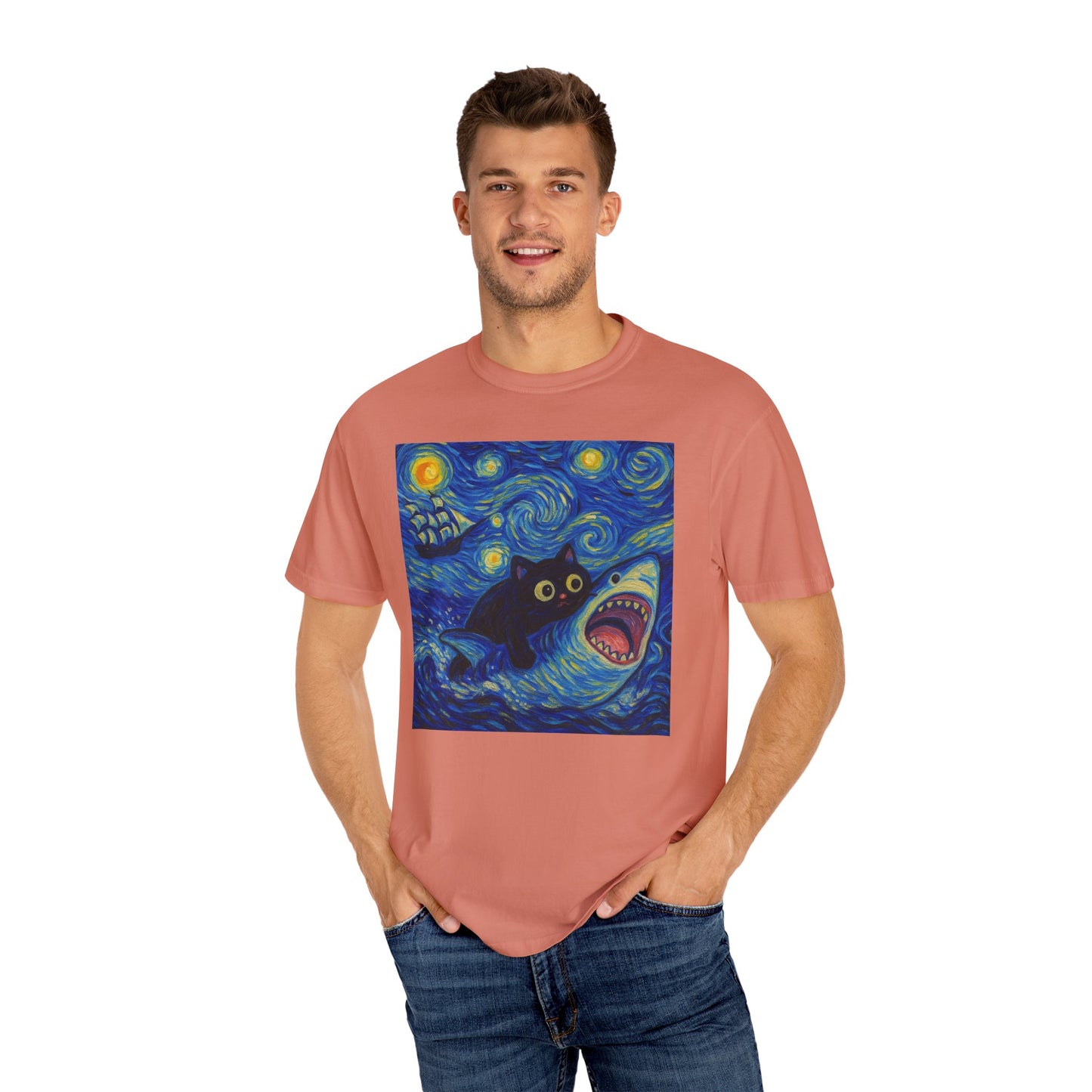 Whimsical Cat & Shark T-shirt