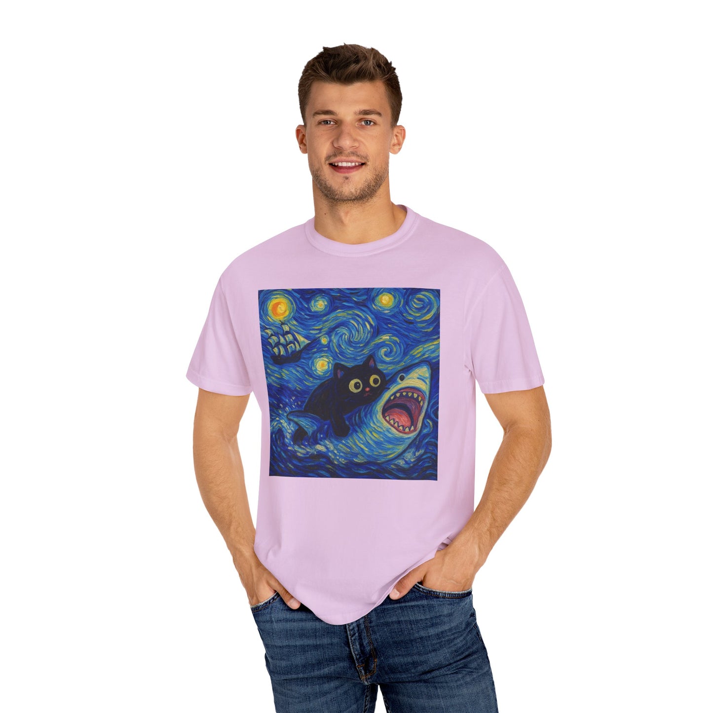 Whimsical Cat & Shark T-shirt